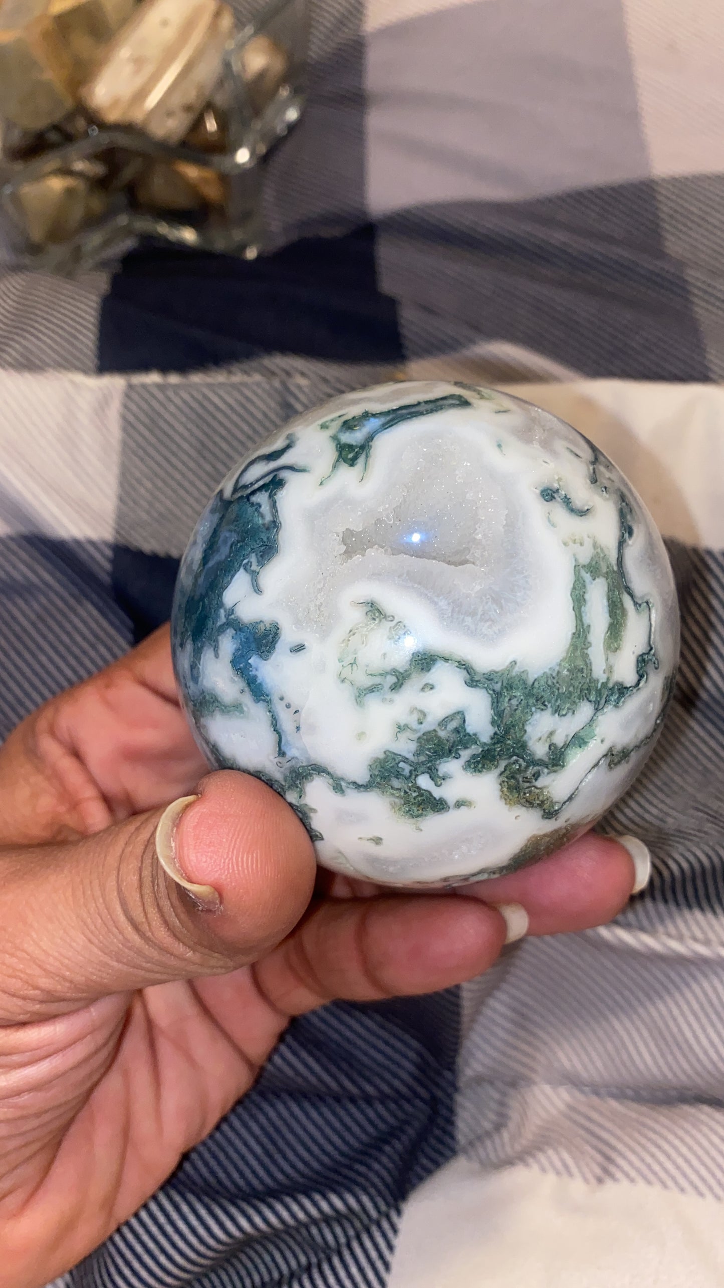 Druzy Tree Agate Sphere with Blue Chalcedony