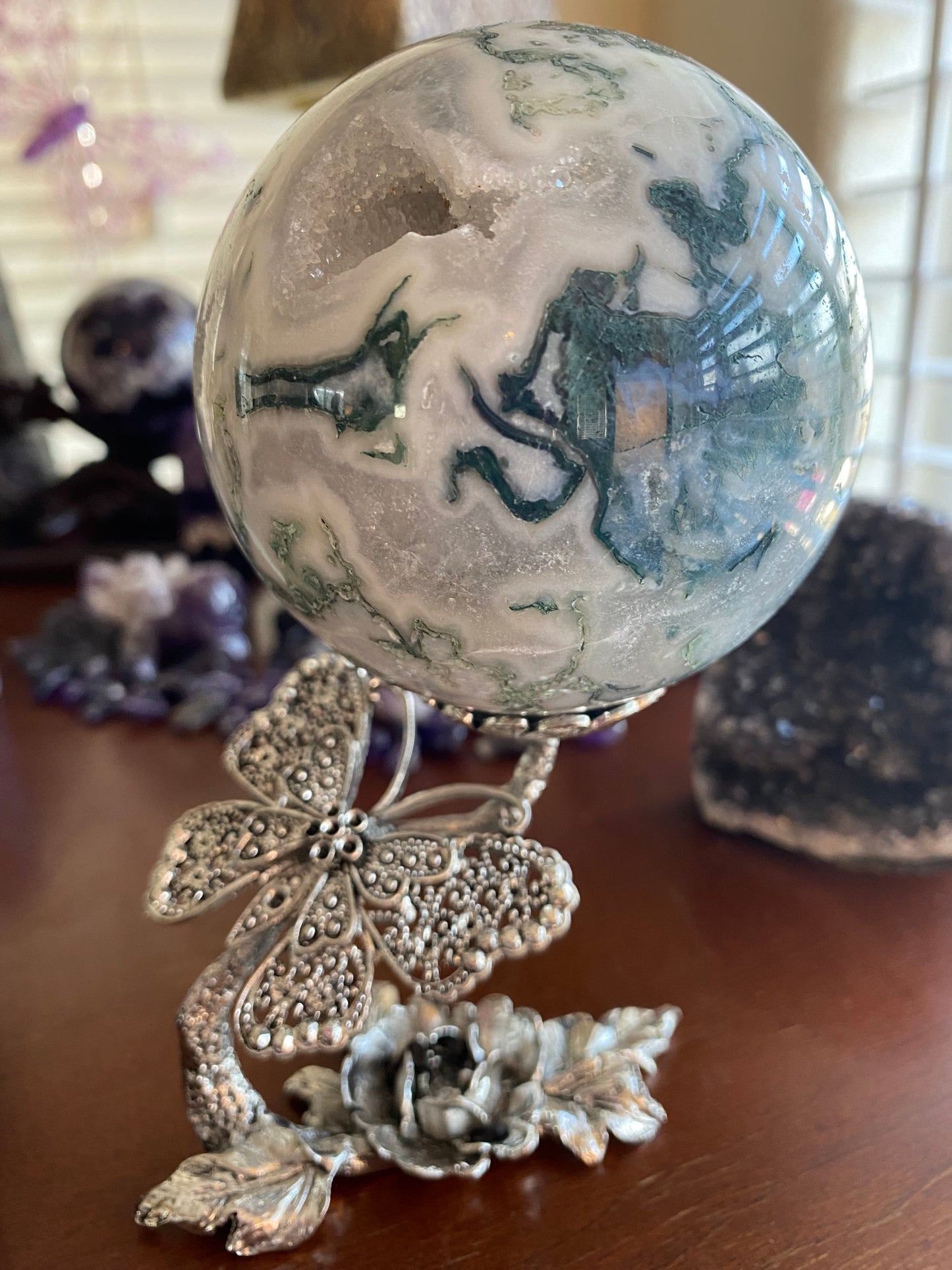Druzy Tree Agate Sphere with Blue Chalcedony
